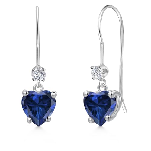 Gem Stone King 14K White Gold Gemstone Birthstone and Lab Grown Diamond French Wire Dangle Earrings for Women | Heart Shape 6MM and Round 2.5MM | Fine Jewelry for Her Mom Women Wife