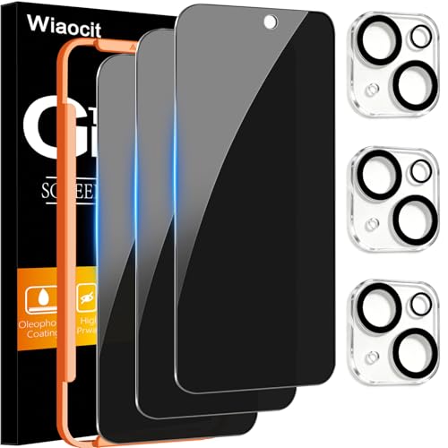 Wiaocit 3 Pack Tempered Glass Privacy Screen Protector for iPhone 15 Plus with 3 Pack Camera Lens Protector 9H Hardness Bubble Free Case Friendly