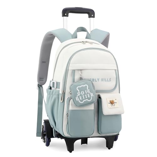 IvyH Mochila con Ruedas para Niñas Niños, Mochila Escolar Adolescentes 6 Ruedas, Carro Mochila Primaria para Chicas Chicos (Verde)