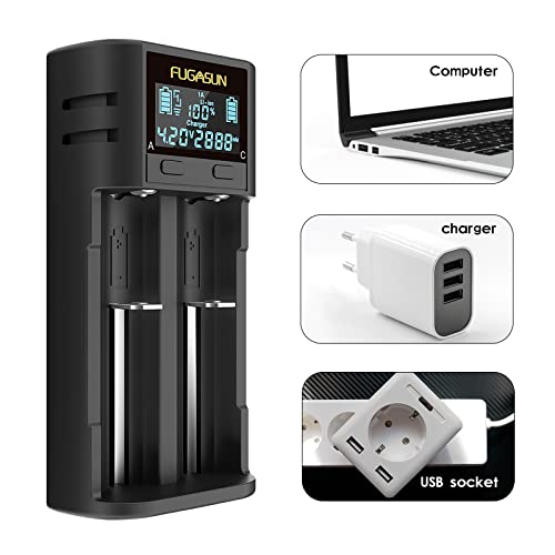 FUGASUN Cargador de Batería USB Inteligente, Cargador de Pilas 21750 21700 18650 20700 22700 26650 26700 16340 (RCR123) 17650 17670 con Placa de Protección PCB, 5V DC 2A, Negro - imagen 2