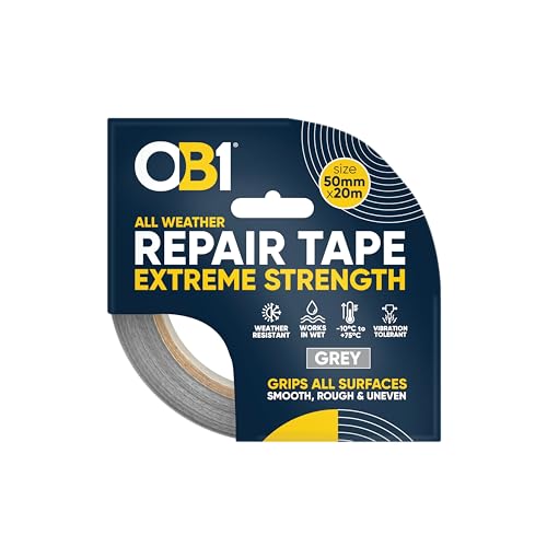 Image of OB1 Grey All Weather Repair Tape Extreme Strength - Ultra Strong Waterproof Duct Tape - Maximum Bond Strength - Heat, Water & UV Resistant - Indoor & Outdoor Use - 50mm x 20m Roll