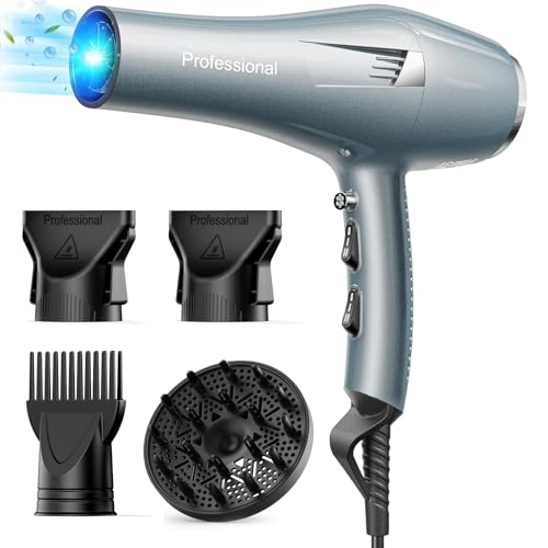 Phon Capelli Professionale 33m/s Asciugacapelli, 120 Milioni di Ionico Negativi, Asciugatura Rapida per Salone e Casa, 3 Temperature, 2 Velocità, 4 Accessori (Diffusore + Ugelli) (Blu Avanzato)