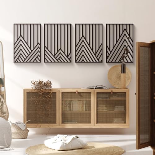 Glamativity MD012 4 Pcs Black Abstract Mountain Line Metal Wall Art, 17 X 12'' Minimalist Décor Single Line Art Wall Décor, 3D Textured Sculptures, Decorative Forest Nature Abstract Line Minimalist Wall Décor Hanging thumb #1