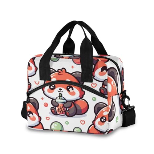 Image of Lunch Bag Cute Red Panda with Bubble Tea Cartoon Insulated Lunch Box for Women Men Tote Bag with Detachable Shoulder Strap for Office School Picnic Hiking