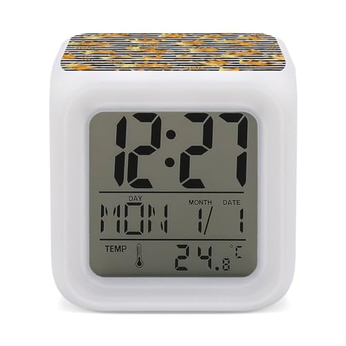 Reloj despertador digital con corona dorada y rayas negras para dormitorio, pantalla LED, alarmas de noche