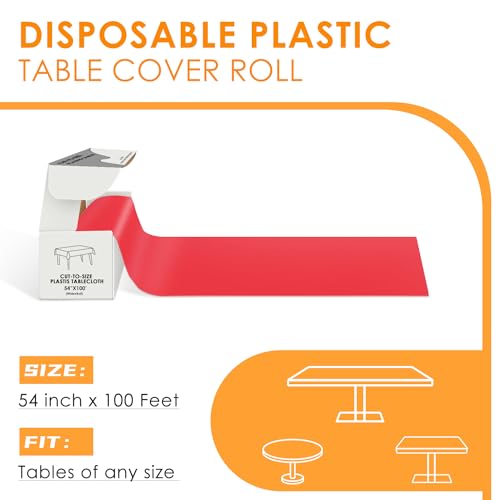 Image of tujol Red Disposable Plastic Table Cloth Roll 54 inch X 100', Plastic Table Cover with Cutter Box, Cut to Size Disposable Tablecloth for Parties