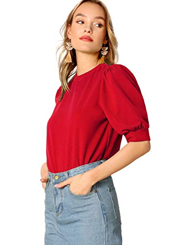 Shein Women's Puff Sleeve Casual Solid Top Pullover Keyhole Back Blouse Red Medium #TOP2