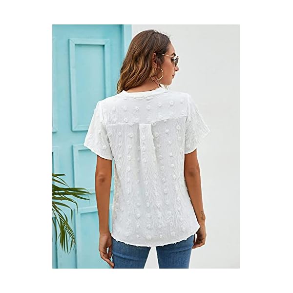 Blooming-Jelly-Womens-White-Chiffon-Blouses-Short-Sleeve-V-Neck-Shirts-Summer-Casual-Polka-Dot-Tops Blooming Jelly Womens White Chiffon Blouses Short Sleeve V Neck Shirts Summer Casual Polka Dot Tops (M,White)
