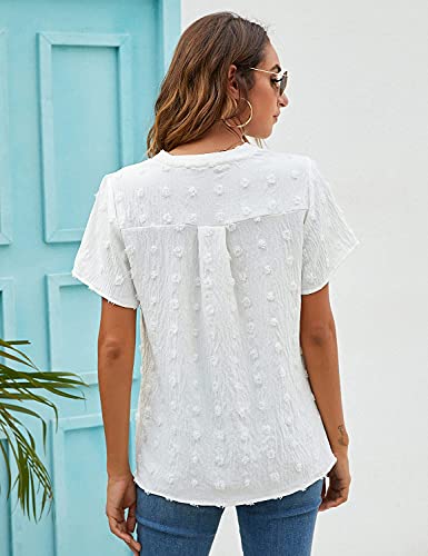 Blooming Jelly Womens White Chiffon Blouses Short Sleeve V Neck Shirts Summer Casual Polka Dot Tops2