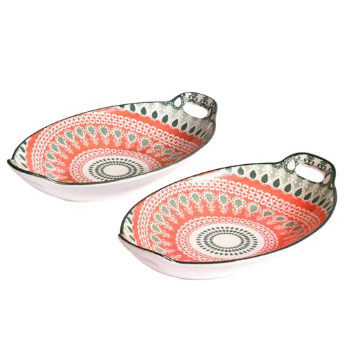 Image of Nestasia Set of 2 Mandala Ceramic Long Dish with Handles (10.8 Inch Each) - Elegant Oval Serving Platters for Snacks, Appetizers, Salads, and Noodles | Microwave & Dishwasher Safe (Red & Green)