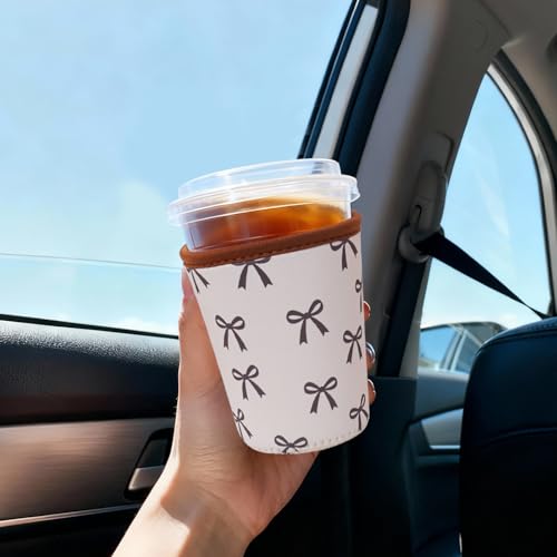Image of Reusable Insulated Sleeve for Iced Coffee Cup, Coffee Neoprene Sleeve for Cold & Hot Drinks, Beverage Holder for Iced Coffee (Cream Bow, Small: 16-18oz)
