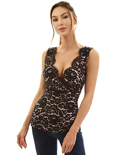 AmélieBoutik Women Scallop V Neck Crossover Empire Waist Floral Lace Overlay Blouse Top