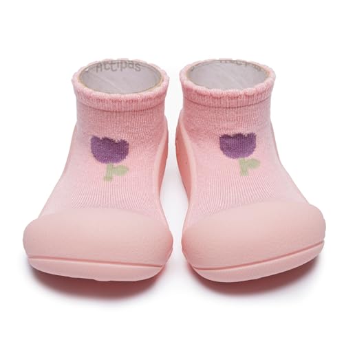 Attipas 4.5 Baby Sock Shoes for Baby Boy & Girl, Soft, Non-Slip Toddler Bamboo Sock Shoes, Breathable Infant Walking Shoes, First Steps Baby Shoes, Baby Slip On Quick Dry Easy to Put On Tulip Pink
