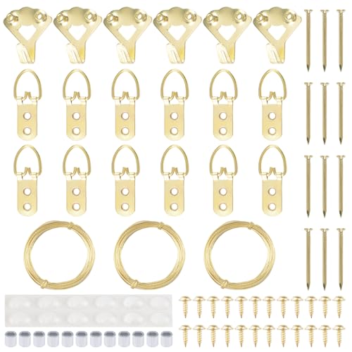 Image of Picture Hanging Kit - 3 Rolls 3M Picture Wire & 6 Hanging Hooks & 12 D-Rings with Nails Heavy Duty Picture Hangers for Wall Art, Exhibitions & Galleries(Gold)