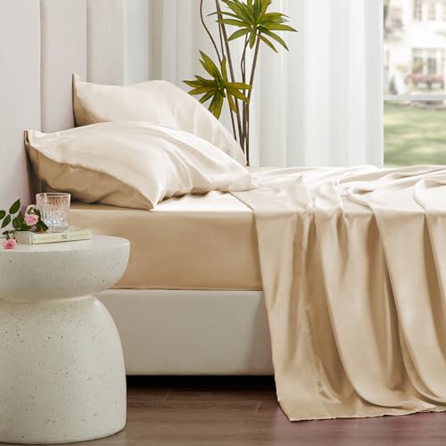 Love's cabin Jogo de lençol solteiro de cetim – Jogo de cama solteiro de cetim bege sedoso com bols