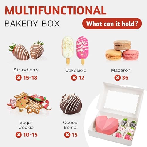 6-Pack Bakery Boxes with Window, 12" x 8" x 2.5", Large White Cookie Box, Treat Boxes for Donuts Chocolate Covered Strawberries Pastries (White)