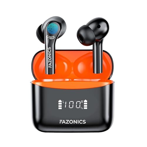 FAZONICS Quickpods M50 Pro True Wireless Earbuds Bluetooth 5.3 ANC+ENC Clear Call 36H Playback IPX5 Waterproof with USB-C LED Display Charging Case in-Ear Ear Buds for iPhone/Android (Black-Orange)