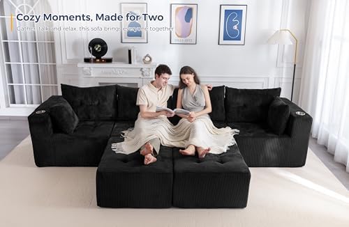 MAXYOYO 129.5" Modular Sectional Sofa Couch, U Shaped Modern Cloud Couch with 2 Ottomans, Sofa in A Box, Tufted 6-Seat Boneless Sleeper Chair for Living Room, No Assembly Required, Black - Thumbnail 4