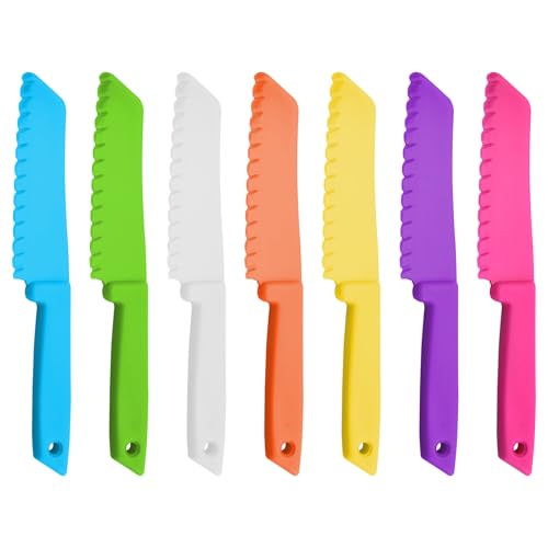 Gurfzcyuoo Plastic Kid Kitchen Knife Set, 7/10 Pcs Safety Knives for Children Kitchen Knife Set, Reusable Nylon Chef Knife Colorful Serrated Knife for Baking Fruit Bread Cake Lettuce Salad (7PCS)
