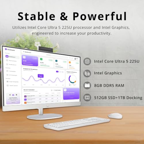 Image of HP 27 inch FHD Touchscreen All-in-One Desktop AI PC, Intel Ultra 5 225U(12-core), 8GB DDR5, 1.5TB Storage (512GB SSD+1TB Docking Station), FHD IR Camera, Wi-Fi 6, Wireless Keyboard & Mouse, Win 11, White