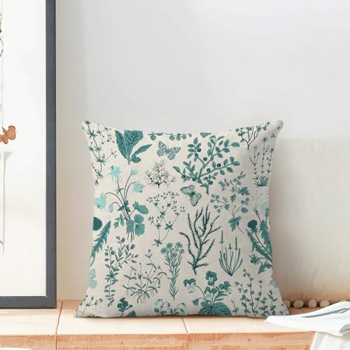 Image of AEIOAE Summer Pillow Covers 22x22 Inch Set of 2,Teal Green Wild Flower Plant Throw Pillows Case,Seasonal Floral Outdoor Decorative Square Linen Farmhouse Decor Cushion Covers for Home Sofa Bed Couch
