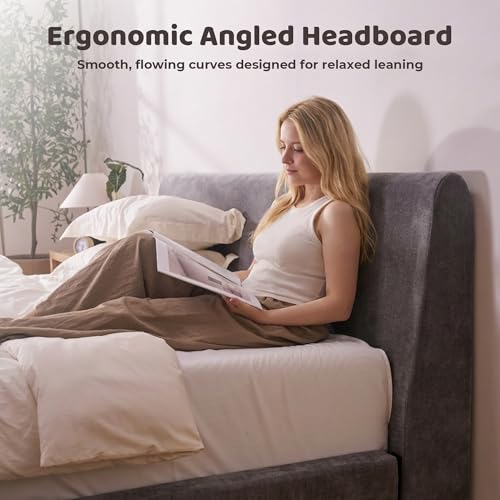 Image of RECCI AirFrame Queen Bed Frame with Ergonomic Angled Foam Cushioned Headboard, Minimalist Design Platform Bed Frame, No Box Spring Needed, Easy Assembly (Moon Grey)