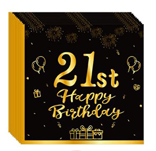 AYAROS 40pcs Black and Gold 21st Happy Birthday Disposabel Napkins-Cheer to 21 Years,21st Birthday Party Decoration Dessert Beverage Cocktail Cake Napkins