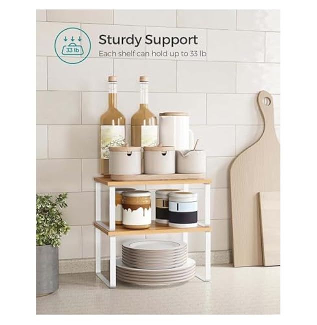 Kitchen Cabinet Organizer Shelves - Set of 4, Stackable Counter Shelves, Spice Rack, Expandable Metal & Wood Storage - Cloud White & Beige