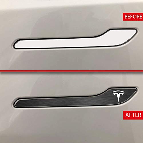 Image of IPG Compatible for Model 3 / Model Y /Juniper Door Handle Decal Sticker Wrap Kit (Set of 4) with Tesla Logo Personalize Your Tesla (Midnight Silver Brushed Aluminum)