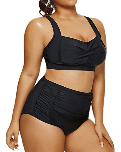 Daci Women Black High Waisted Twist Front Plus Size Bikini Vintage Retrotwo Piece Swimsuits Bathing Suits Ruched Swimwear 18 Plus #TOP3