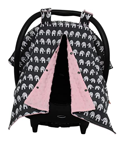 Image of Dear Baby Gear Car Seat Canopy - Infant Car Seat Cover for Maximum Protection and Style - Soft and Breathable - Carseat Canopies for Boys and Girls - Elephants on Gray/Pink Dot - 40"x30"