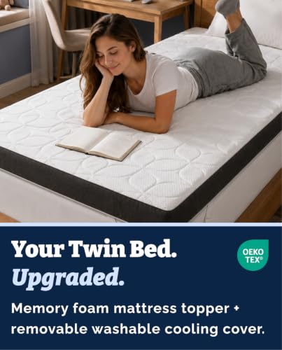 Image of Mattress Topper - 3 Inch Memory Foam Mattress Topper with Cooling Cover for Hot Sleepers - Plush, Thick & Comfy - Pain & Pressure Relief - Twin Size Mattress Pad with Straps & Removable Washable Cover