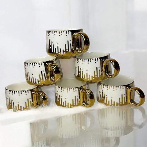 Image of DMRD Porcelain Tea Set with Kettle |Tea Cup Set 7Pc | Aesthetic and Classic Cups Set | Premium Crockery for Home & Gifting with Golden Color Geometric Pattern Design. (Golden Drop Strip)