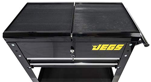 JEGS Heavy-Duty Tool Box Cart | 220 LBS Capacity | Uses Four 4” Caster Wheels | Includes 2 Keyes and 6 Drawer Liners | Black with JEGS Logo | 2 Locking Drawers | Sliding Top