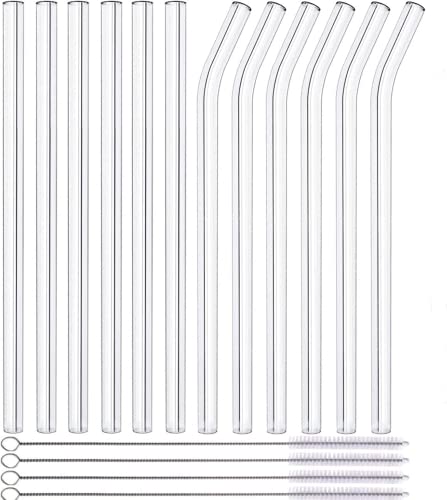 Hollraiku Paille en Verre Pailles Réutilisables, Réutilisables Pailles en Verre Suite de Paille Transparent 12 Pièces Pailles Réutilisables avec 4 Brosses de Nettoyage Convient aux Jus, aux Boissons