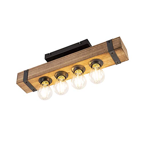 QAZQA Industrie/Industrial Industrielle Deckenleuchte/Deckenlampe/Lampe/Leuchte aus Holz - Reena/ 4-flammig/Innenbeleuchtung/Wohnzimmerlampe/Schlafzimmer/Küche/Stahl Länglich LED gee