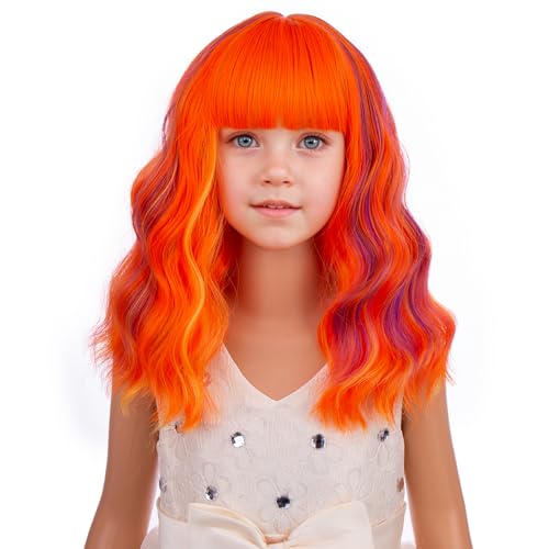 Image of PATTNIUM Orange Purple Mixed Pink Wig with Bangs Child Short Rainbow Wavy Curly Wig Girls Multi Color Bob Wigs Synthetic Halloween Party Cosplay Wigs