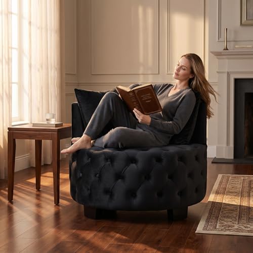 GOAWGO Oversized Velvet Accent Chair - Deep-Seat Barrel Armchair w/ 3 Pillows, Button-Tufted, Solid Wood Legs – Modern Comfy Seating for Living Room & Bedroom (Black)