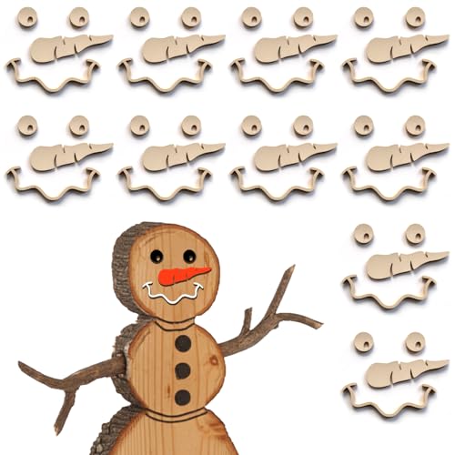 poceton 10-Set Unfinished Wood Snowman Face for Craft Kit - Paintable Wooden DIY Supplies with Eyes, Nose & Mouth - Christmas Ornament Supplies, Holiday Home Decor for Family & DIY Lovers