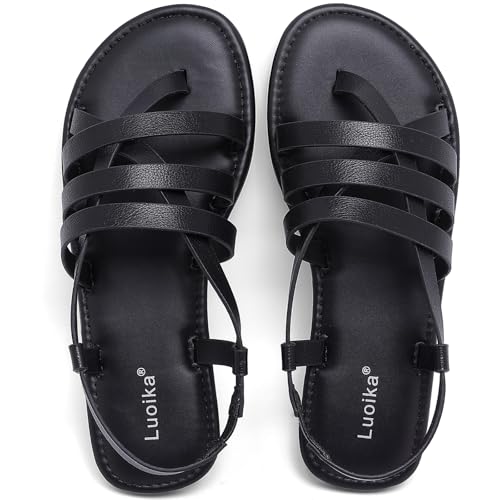 Image of Luoika Women's Wide Width Flat Sandals, Flip Flop Casual Strapy Sandals Slip on Summer Beach Shoes for Women.