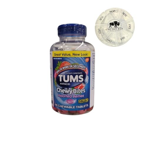 KING BUY BOX TUMS Chewy Bites Chewable Antacid Tablets for Heartburn Relief Assorted Berries 108 ct. Bundled Pill Box (Color May Vary)