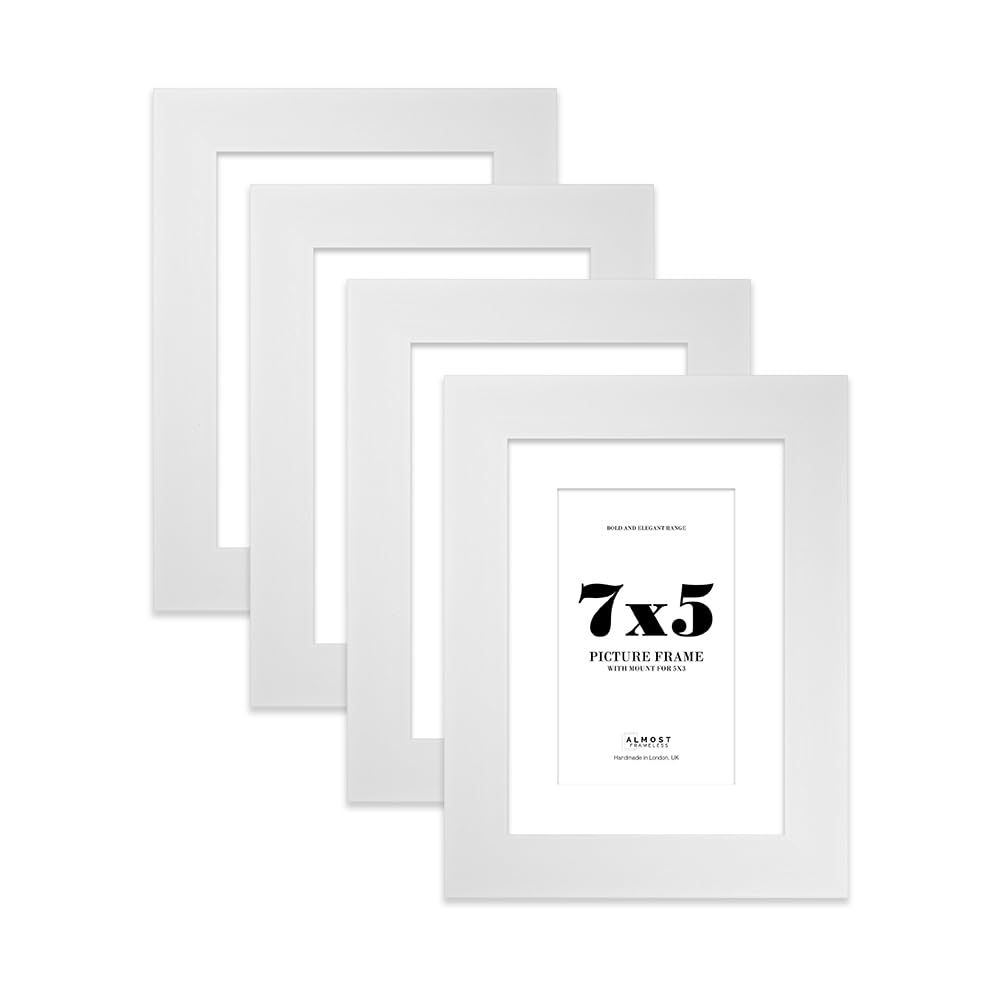 7x5" White Frame With Mount for 5x3" Pictures 28mm Edge Portrait and Landscape Display with Wall Hooks and Kickstand, 4 Pack