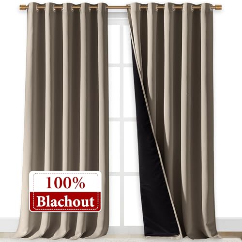 Image of NICETOWN 100% Blackout Blinds, Laundry Room Decor Window Treatment Curtains for Large Patio Sliding Door, Thermal Insulated Taupe Curtains for Bedroom, Set of 2, 70 inches x 108 inches