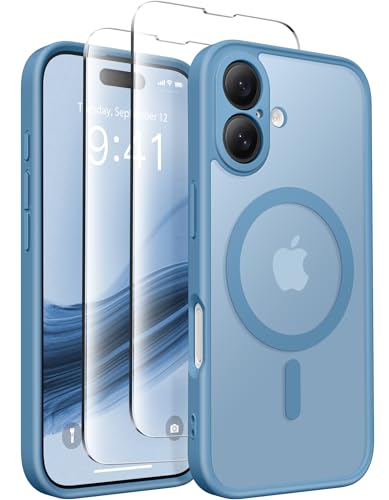 Coque iPhone 16 translucide bleu nuage design givré