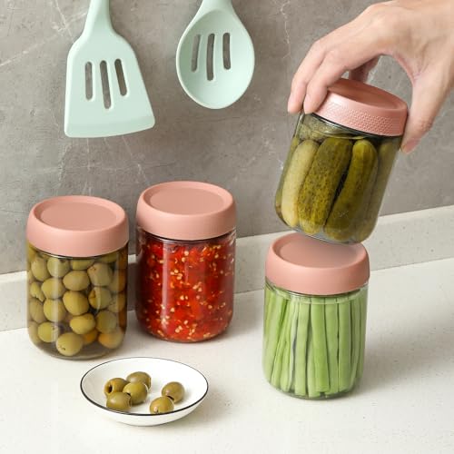 Image of NETANY 6-pack 16oz Glass jars with Airtight Lids, Overnight Oats Containers with Lids, Wide mouth Mason Salad jars, Glass Food Storage Containers for Snacks Yogurt Spice Sugar-Pink