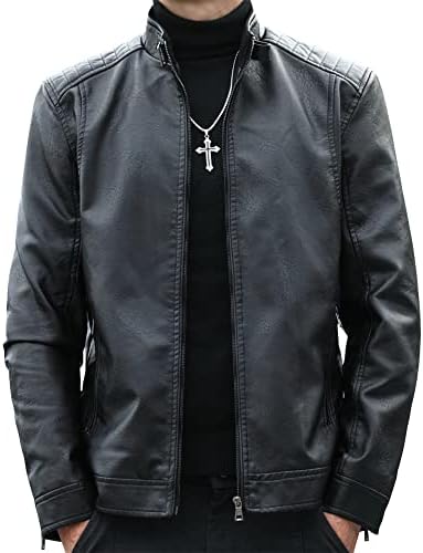 Mens Casual Stand Collar Faux Leather Jacket Biker Motorcycle Jac...