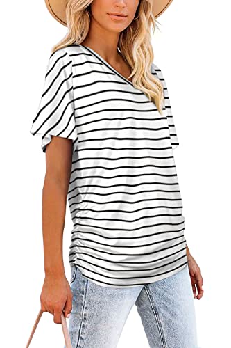 Image of WIHOLL Womens Summer T-Shirts Short Sleeve V Neck Dolman Tops with Side Shirring Loose Fit Shirts Spring Fashion