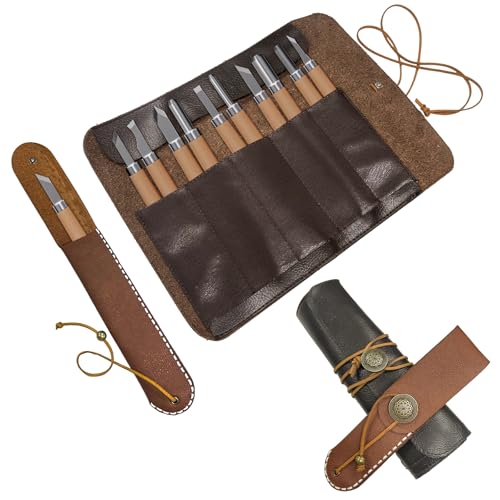 Messertasche Leder, Knife Bag, Koch Messer Roll Bag, Messer tasche Kochmesser Küchenmesser, Rolltasche mit 5 Taschen Mini-Messerschutz, Tragbare...