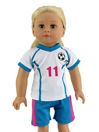 American Fashion World Pink & Blue Soccer Uniform for 18-inch Dolls| 6 Piece Set | Premium Quality & Trendy Design | Dolls Clothes | Outfit Fashions for Dolls for Popular Brands