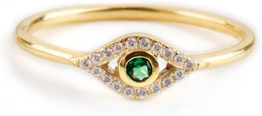 Women Diamond with Emerald Evil Eye Ring in Solid Gold 9K, 14K, & 18K, Dainty Evil Eye Ring, Minimal Evil Eye, Sapphire Evil Eye Ring, Good Luck Ring RN404